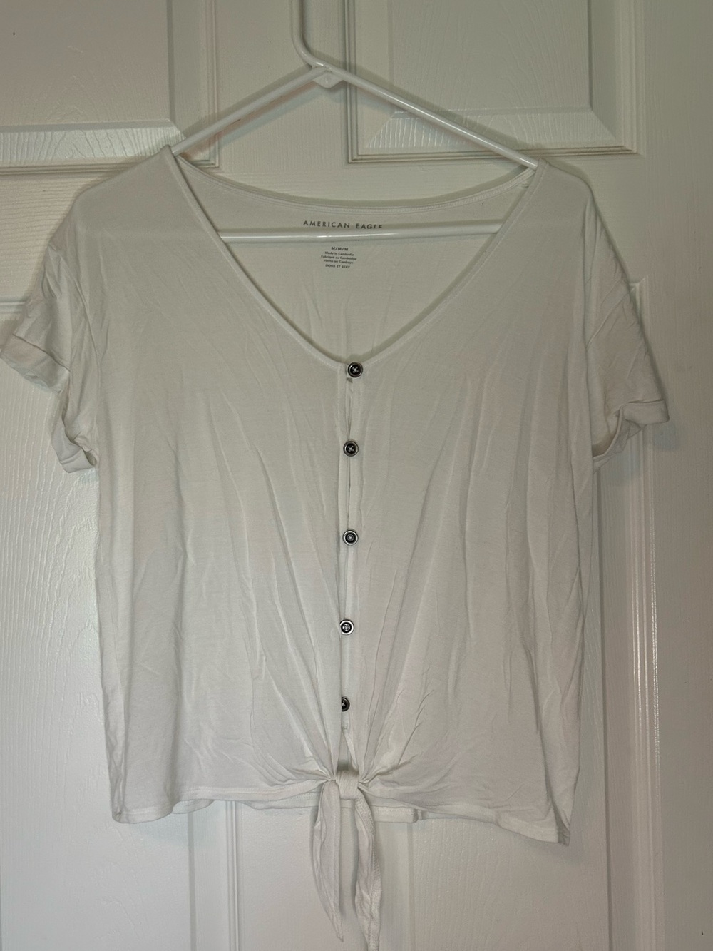 American Eagle Outfitters White Button-Front Tie V-Neck Crop Top
